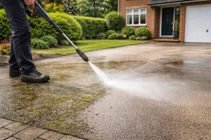 Man Cleaning a concrete driveway